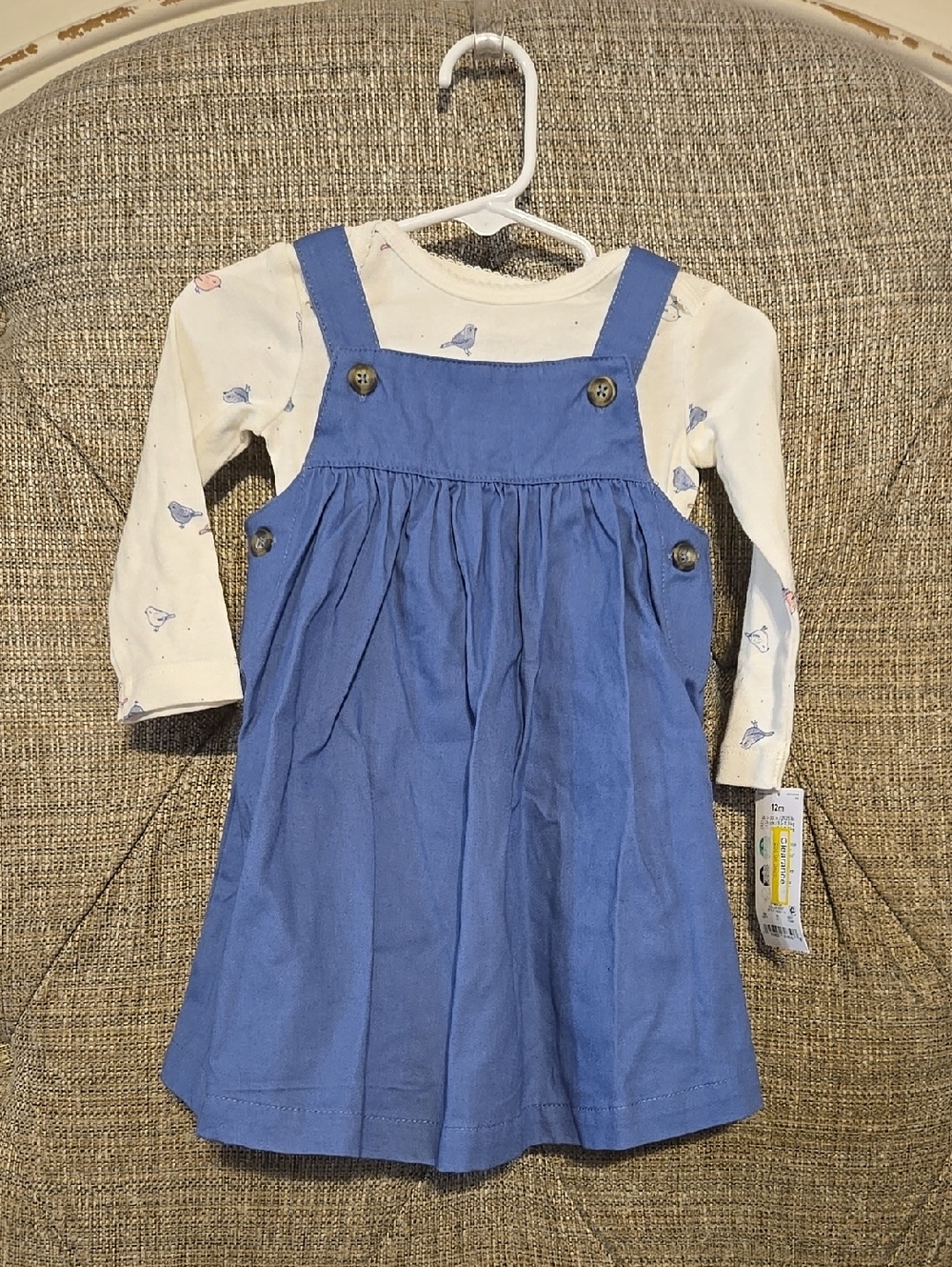 NWT 12 Month Carter's Blue Dress With Longsleeved Red/Bird Onesie